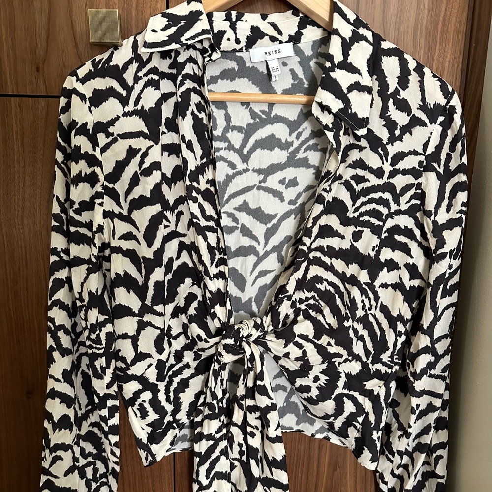 REISS Zebra Print Tie Front Blouse in Zebra